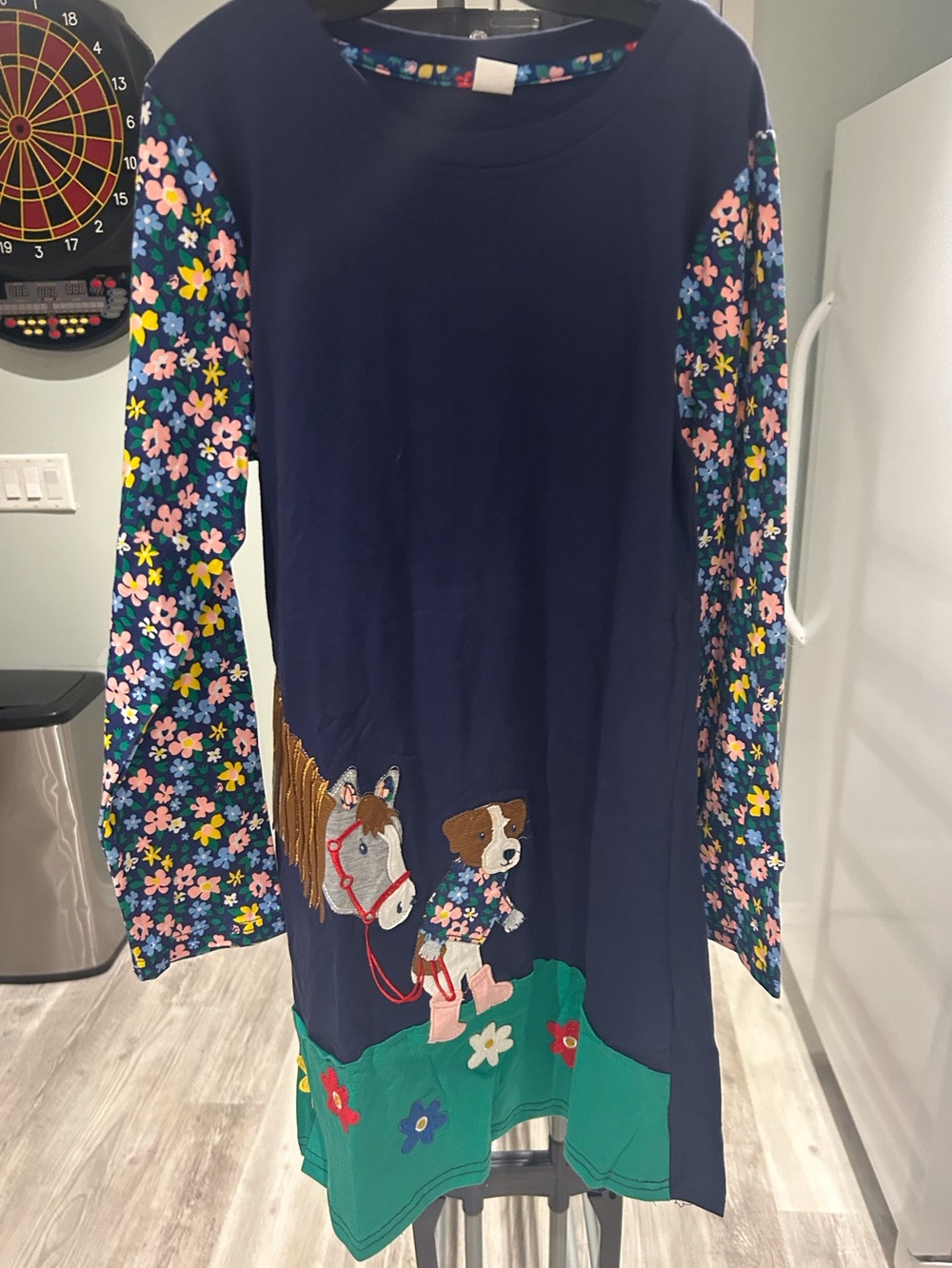 Taylor Navy Floral-Sleeve Long Sleeve Dress with Horse & Puppy Appliqué